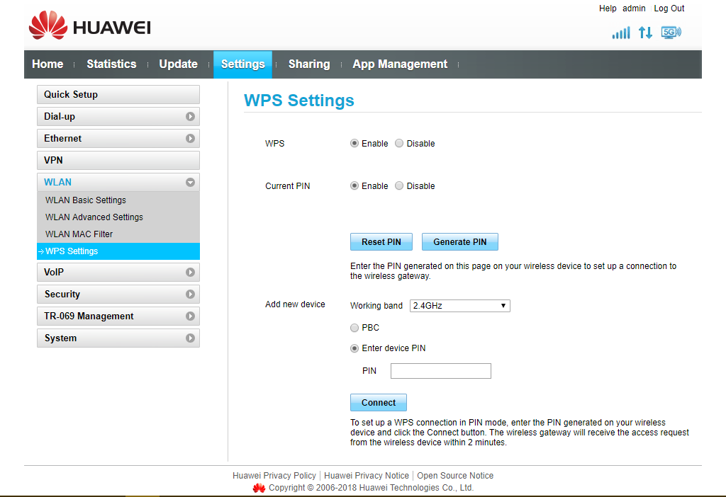 Image showing WPS Settings configuration on modem interface