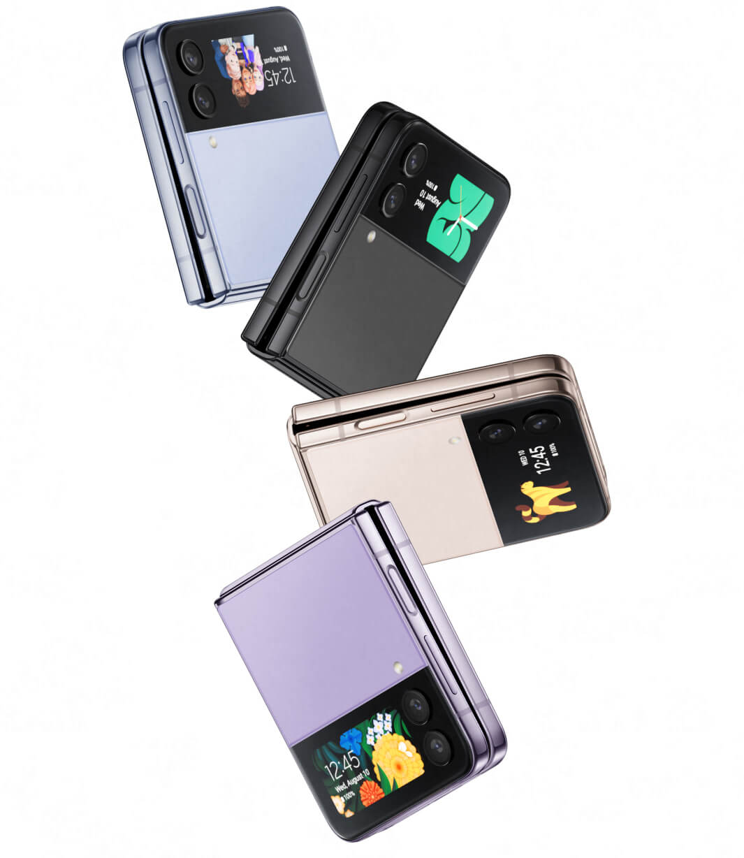 Galaxy Z Flip4 phones laid out vertically, displayed in four colours, blue, graphite, pink gold and Bora purple