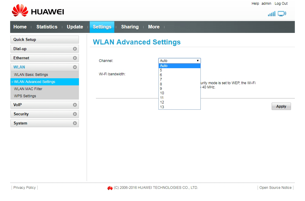 Image of changing WiFi channel on the Huawei B315s modem