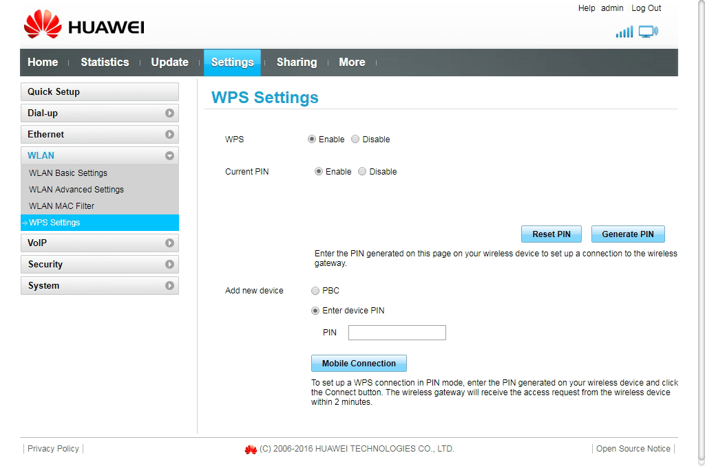 Image displaying modem interface when enabling WPS