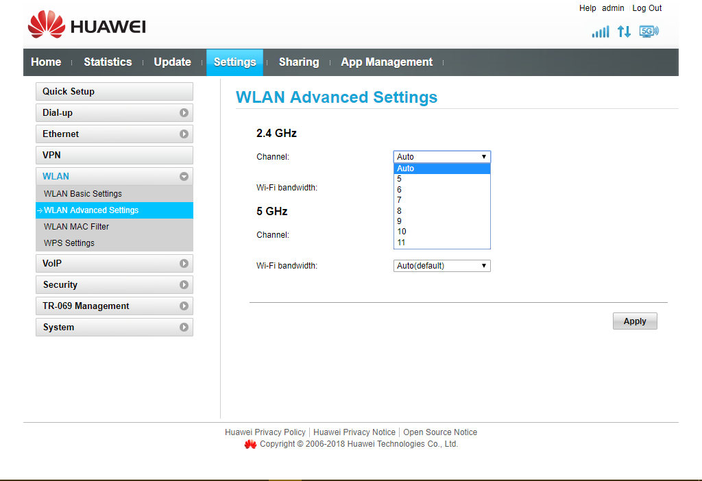 Huawei B618 Fibre modem changing WiFi channel image