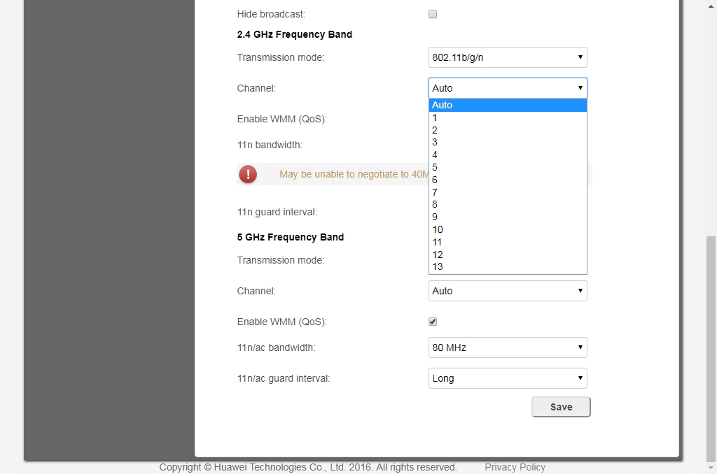 Image displaying how to update WiFi channel on Huawei HG659b