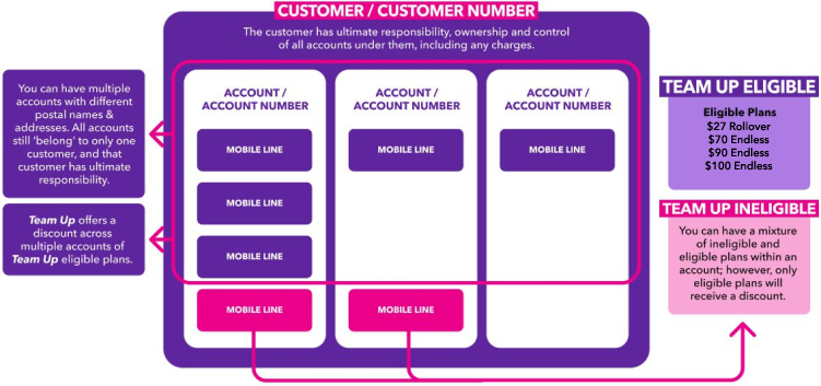 Diagram showing you can have your Team Up mobiles on different accounts, but they all need to be under the same customer number which has ultimate responsibility