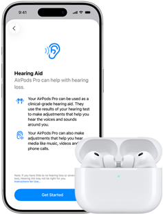 AirPods Pro 3 in MagSafe Charging Case, iPhone 17 Pro, text on screen: Hearing Aid