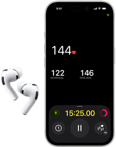 AirPods Pro 3, lower half of iPhone 17 Pro screen, Fitness app displaying heart rate