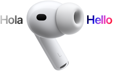 AirPods Pro 3, earbud with silcone tip, Live Translation changes Spanish text hola to English text hello