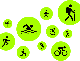 Workout icons, animated stick people running, walking, swimming, using wheelchair, hiking, cycling, lunging, dancing, stretching and doing yoga