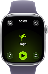 Apple Watch Series 11, aluminium silver case, Yoga Workout open, right side exterior: Digital Crown, purple fog Sport Band