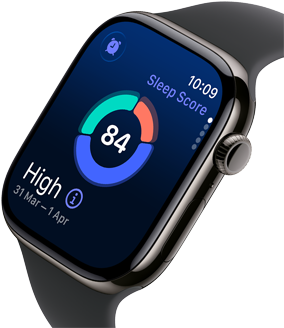 Up close Apple Watch Series 11 with a titanium slate case, showing sleep score on screen