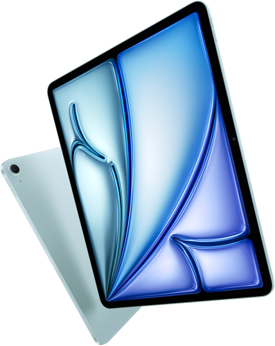 Front angle of 13-inch iPad Air, colourful display on screen, 11-inch iPad Air with back exterior and 12MP Wide back camera