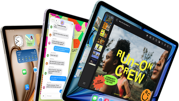 Three iPad Air displays in fan-like arrangement, colours: Blue, Purple, Starlight, front exterior, side exterior, apps on screen display include Keynote app, Messages and Home Screen