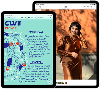 Two iPad Air, sizes: 11-inch and 13-inch, 11-inch shows colourful text on the Notes app, 13-inch screen shows a photo of a person on the Photos app