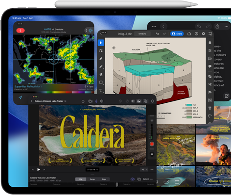 iPad Pro, front exterior, landscape orientation, space black colour, Apple Pencil resting atop device, display showing multiple app windows tiled, including Final Cut Pro with multiple video editing features and timeline, Maps, Notes and various media clips