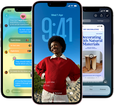 Three iPhone 17e devices, showing Messages app with Liquid Glass design, dynamic Lock Screen and Visual Intelligence in use