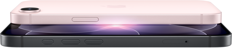 iPhone 17e, horizontal side and back exterior, soft pink colour, iPhone 17e, horizontal side and front exterior, black colour