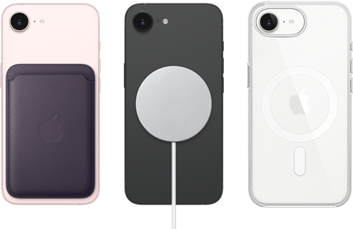 iPhone 17e, back exterior, soft pink colour, FineWoven Wallet with MagSafe attached, iPhone 17e, back exterior, black colour, MagSafe Charger attached, iPhone 17e, back exterior, white colour, Clear Case with MagSafe attached
