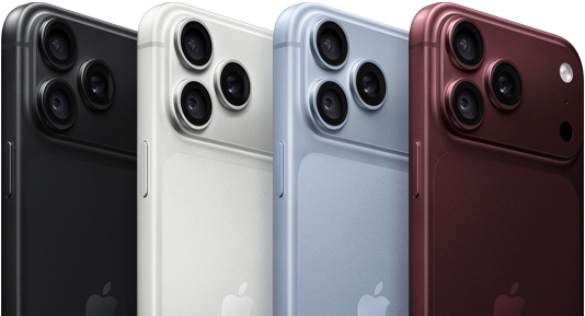 iPhone 18 Pro devices in a row, back exterior, all four colours: Black, Glacier, Silver, Burgundy, Pro Fusion camera system in top left corner, 3 lenses, microphone, flash