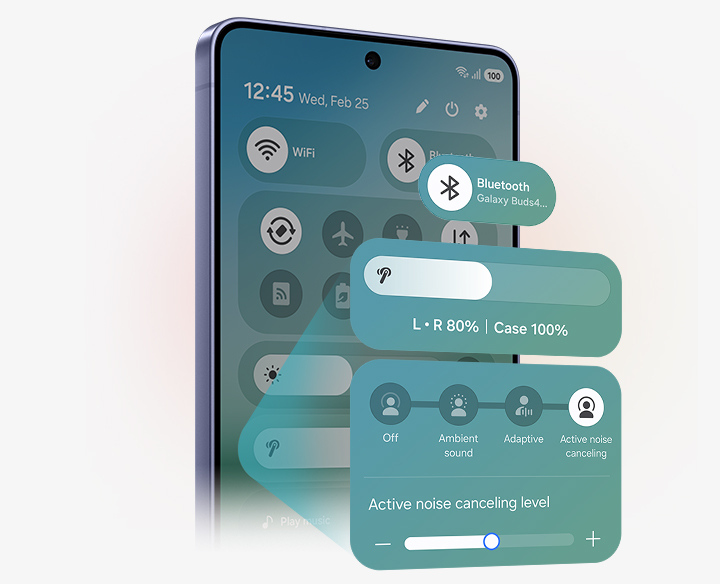 A Galaxy smartphone with the Quick Panel open, focusing on the new One UI 8.5. Bluetooth, volume, noise canceling features are highlighted.