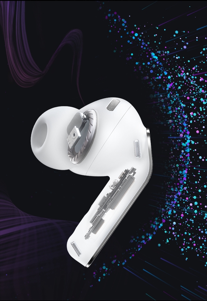 A single Galaxy Buds4 Pro earbud in skeleton view, showing the audio system within. On the right are multiple dots that are entirely separated from the earbud, indicating the Active Noise Canceling feature.