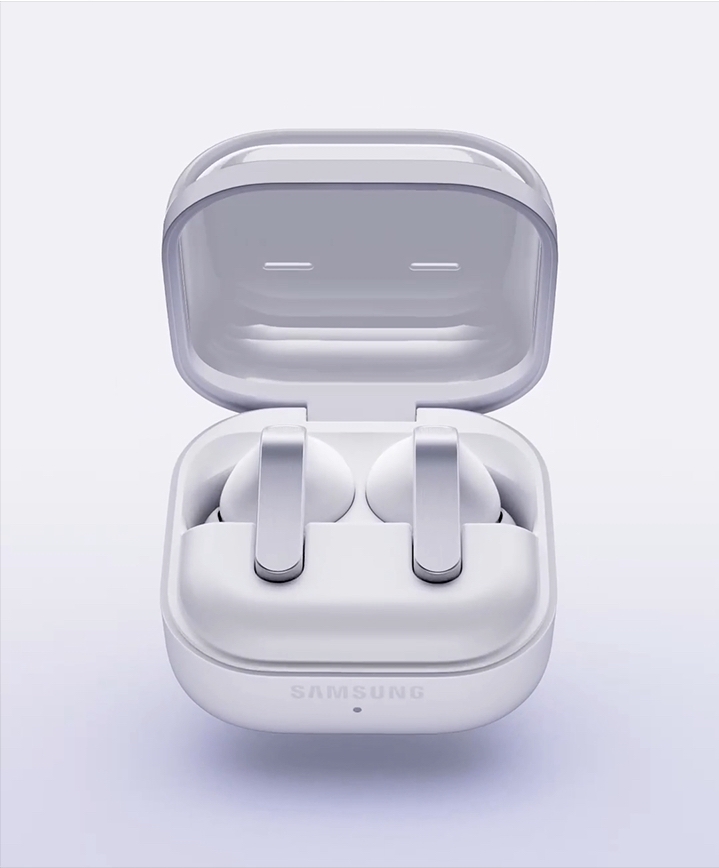 'Galaxy Buds4 Pro Charging Case open with earbuds placed inside.