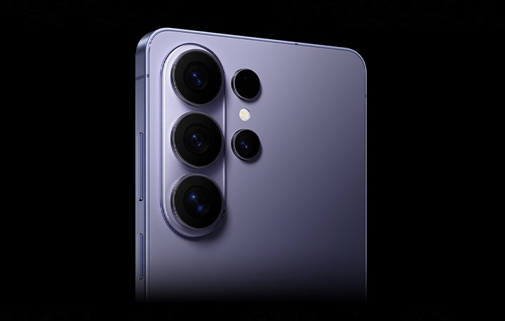 Close up of Galaxy S26 Ultra in Cobalt Violet from the back highlighting the new camera design.