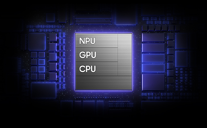 Galaxy's customized chip set is seen on a chipboard. GPU, NPU and CPU appear on the chip. NPU, 39 percent faster AI performance. GPU, 24 percent improved graphics performance. CPU, 19 percent faster processing.