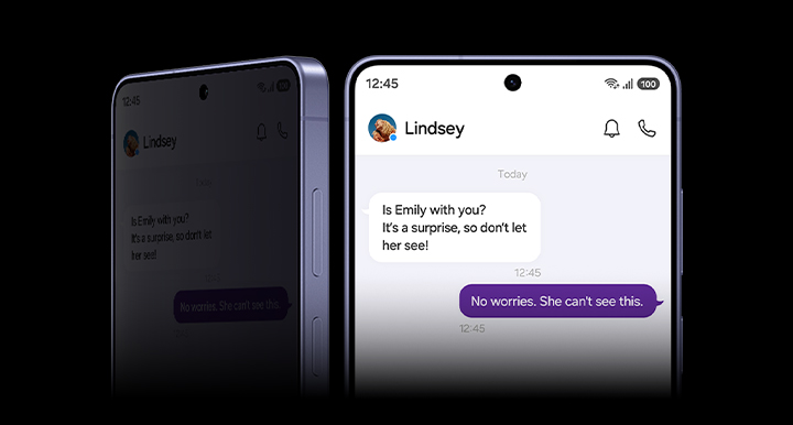 Two Galaxy S26 Ultra phones are seen from the screen, both with Privacy Display active. On one, the device is at a slight angle and the contents are not visible. On the other, device is seen straight on and the contents are clearly visible, showing a text message conversation.