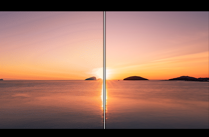 A before and after comparison depicts ProScaler effects. Colour is also more enhanced with improved mDNIe technology.