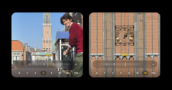 A photo is being shot at 3 times zoom and then at 30 times zoom. Whether zoomed in or out, details remain clear with Space Zoom.