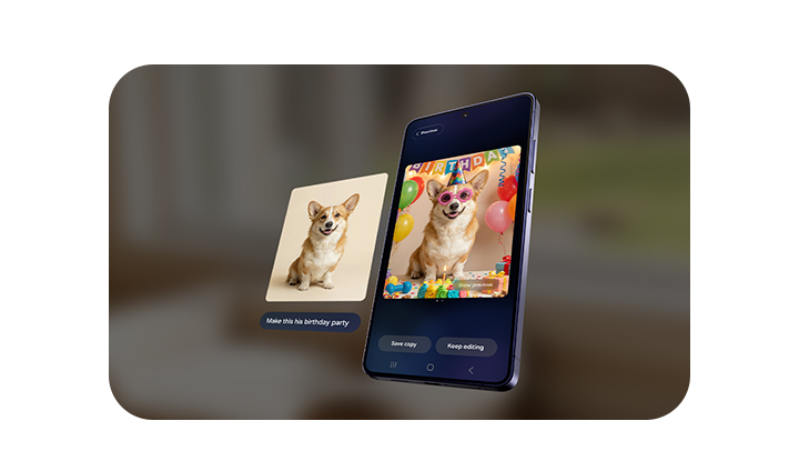 A photo of a dog is seen. In Photo Assist, the user can describe what to change by inputting a text prompt. After typing 'Make this his birthday party'. Galaxy AI has transformed the photo by adding various birthday themed accessories on and around the dog.