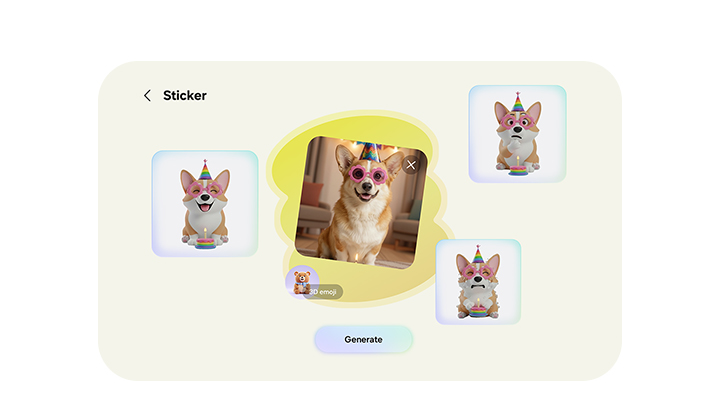 A photo of a dog wearing sunglasses has been used to create a sticker pack of various emotions in Creative Studio.