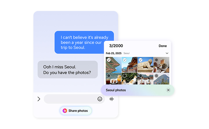 During a text conversation, someone asks for photos from a trip to Seoul. Now Nudge has intelligently prompted the user with a Share photos button. A search bar with the keywords Seoul photos is seen with a Gallery pop up showing the relevant photos. The user can then view and select photos.