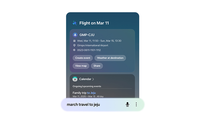 March travel to Jeju has been typed into Finder's search bar. Flight details are then seen in a card that is easy to read with prompts such as create event, weather at destination, view map and share. Further information about the trip saved across different apps can also be seen including Calendar.
