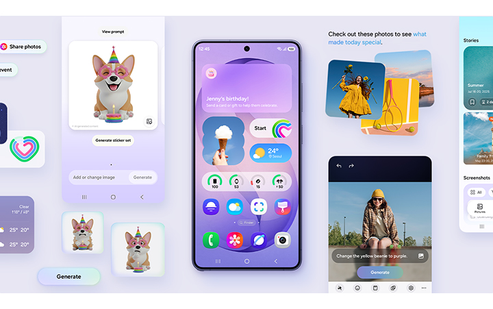 Galaxy S26 Ultra is seen from the main screen. Various active features that are more personalized to the user's needs and habits, flank the device. These include Creative Studio, Photo Assist and more.