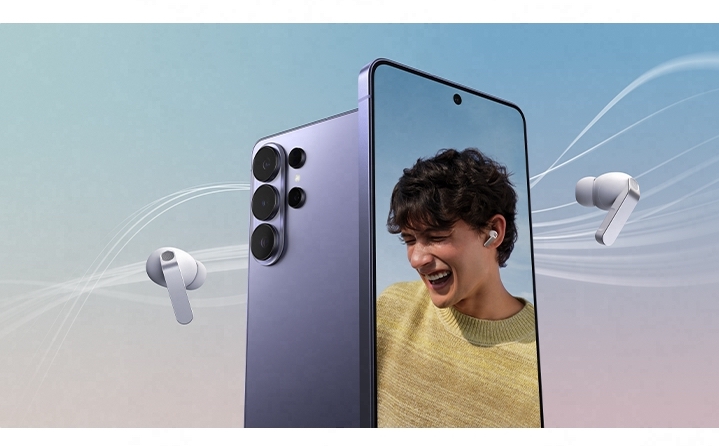 A pair of Galaxy Buds4 Pro in White surrounds two Galaxy S26 Ultra devices. One of the smartphones has the back facing forward. The other Galaxy S26 Ultra displays a person wearing Galaxy Buds4 Pro in White.