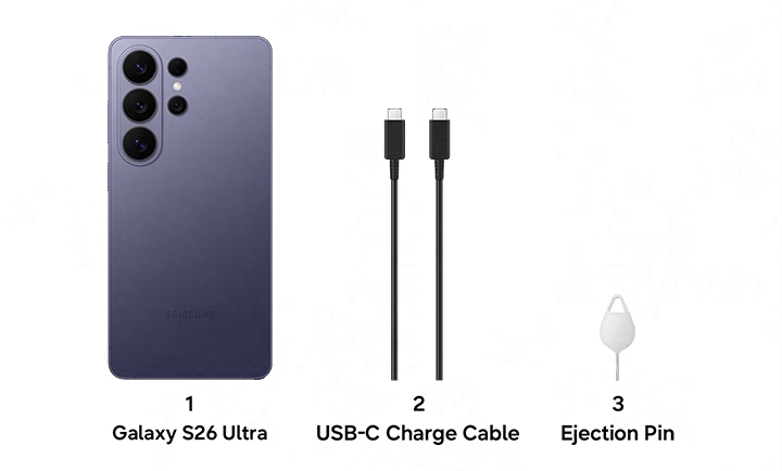 1. Galaxy S26 Ultra, 2. USB-C Charge Cable, 3. Ejection Pin.