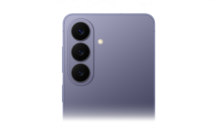 Close up of Galaxy S26 in Cobalt Violet from the back highlighting the new camera design.