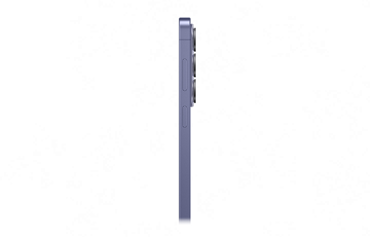 Galaxy S26 in Cobalt Violet is seen from the side to show the slim profile.