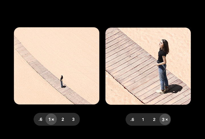 A scenic photo has been taken in 1 times zoom. Another has been taken in 3 times zoom. Even when zoomed in, details remain clear and vivid.