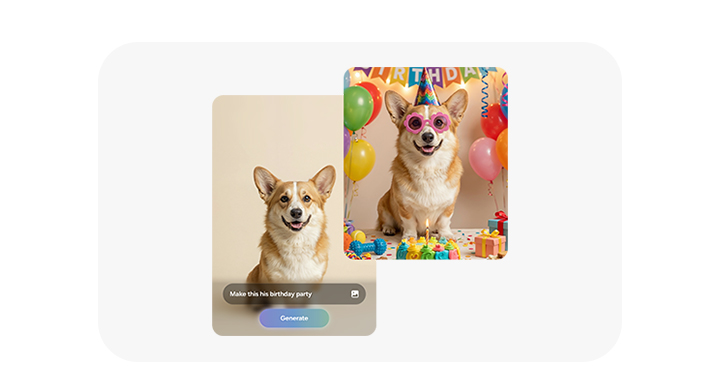 A photo of a dog is seen. In Photo Assist, the user can describe what to change by inputting a text prompt. After typing 'Make this his birthday party'. Galaxy AI has transformed the photo by adding various birthday themed accessories on and around the dog.