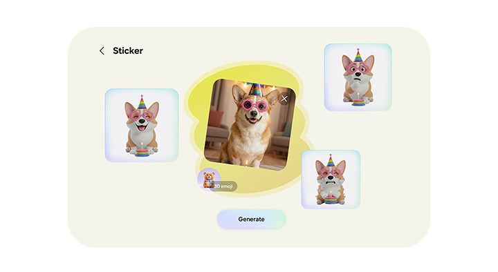 A photo of a dog wearing sunglasses has been used to create a sticker pack of various emotions in Creative Studio.