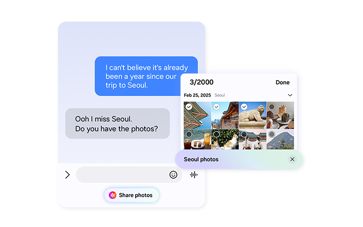 During a text conversation, someone asks for photos from a trip to Seoul. Now Nudge has intelligently prompted the user with a Share photos button. A search bar with the keywords Seoul photos is seen with a Gallery pop up showing the relevant photos. The user can then view and select photos.