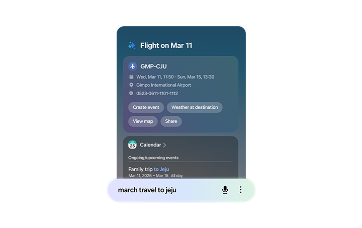 March travel to Jeju has been typed into Finder's search bar. Flight details are then seen in a card that is easy to read with prompts such as create event, weather at destination, view map and share. Further information about the trip saved across different apps can also be seen including Calendar.