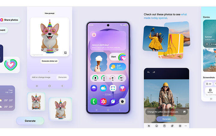 Galaxy S26 is seen from the main screen. Various active features that are more personalized to the user's needs and habits, flank the device. These include Creative Studio, Photo Assist and more.