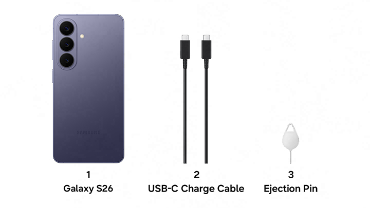 1. Galaxy S26, 2. USB-C Charge Cable, 3. Ejection Pin.