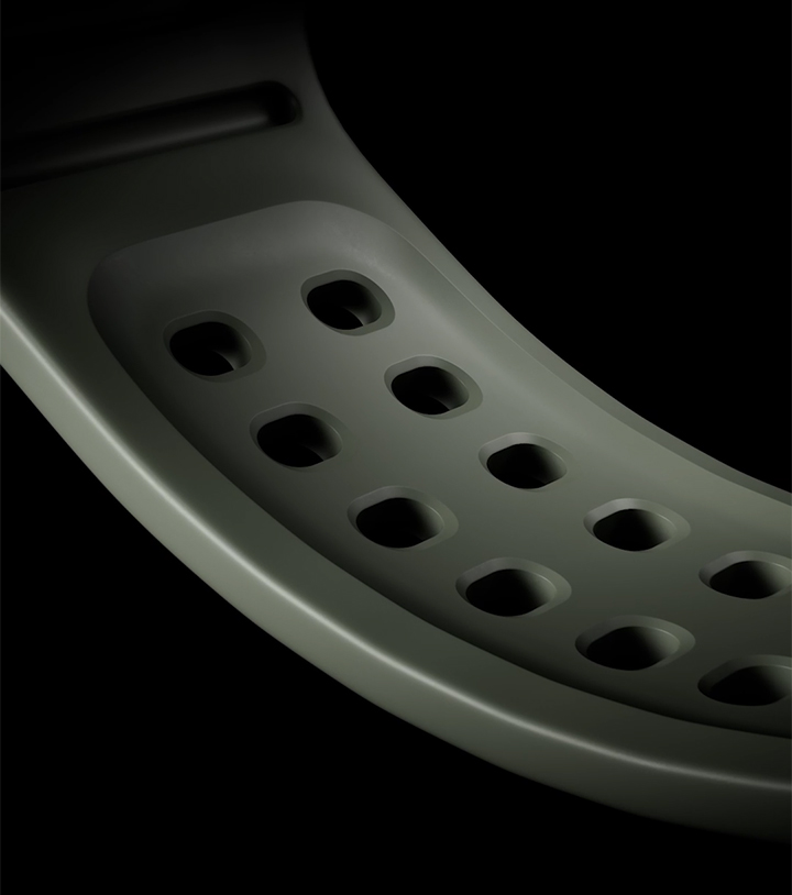 Close-up view of a Marine Band for Galaxy Watch Ultra2 in Olive, showcasing the Air Pocket design on the inner surface of the band made for breathable comfort and easy moisture draining.