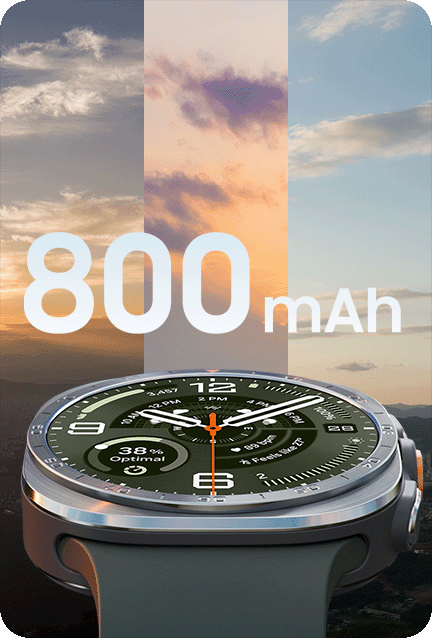 Galaxy Watch Ultra2 in Titanium Silver with an Olive Marine Band, shown up close facing front and angled upward. The background shows three different skyline and cityscape views at different times of day to demonstrate the large 800 mAh battery capacity, with text 800 mAh displayed in the center.