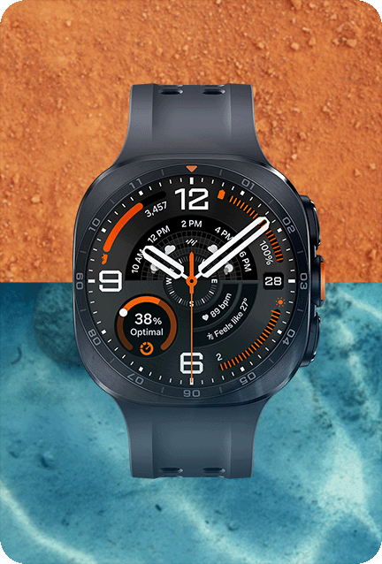 Galaxy Watch Ultra2 in Titanium Silver with an Olive Marine Band, shown facing upward outdoors in direct sunlight. A background divided between sandy terrain and sunlit water emphasizes the high visibility of the 5,000-nit display across different environments.