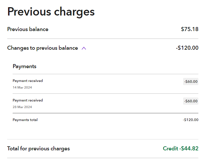 Spark bill showing changes since the last bill date
