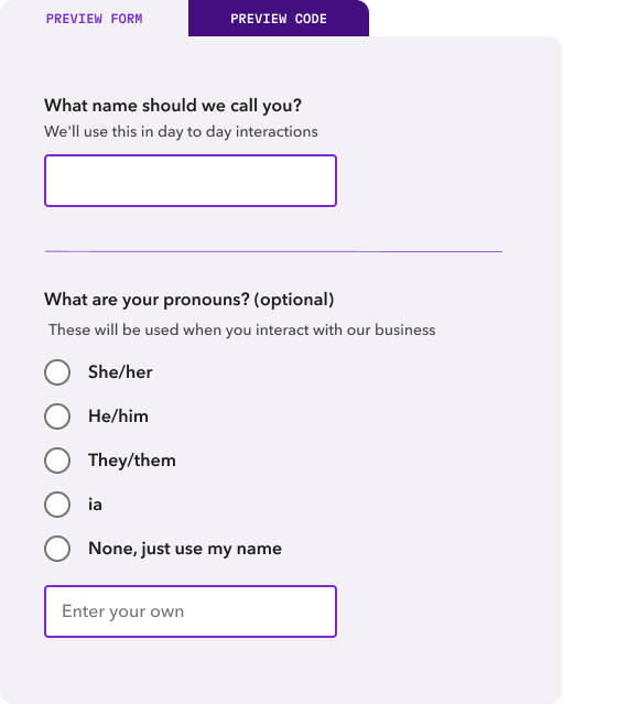 A preview of the form the base Beyond Binary Code can create